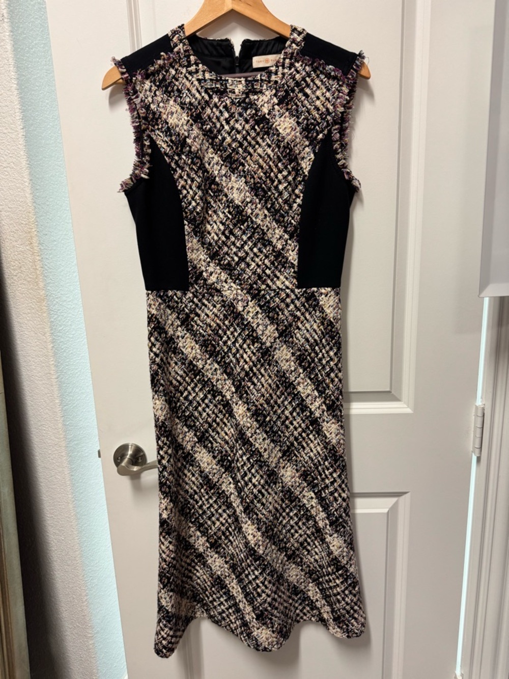 Tory Burch Sleeveless Tweed Sheath Dress in Black and Cream
